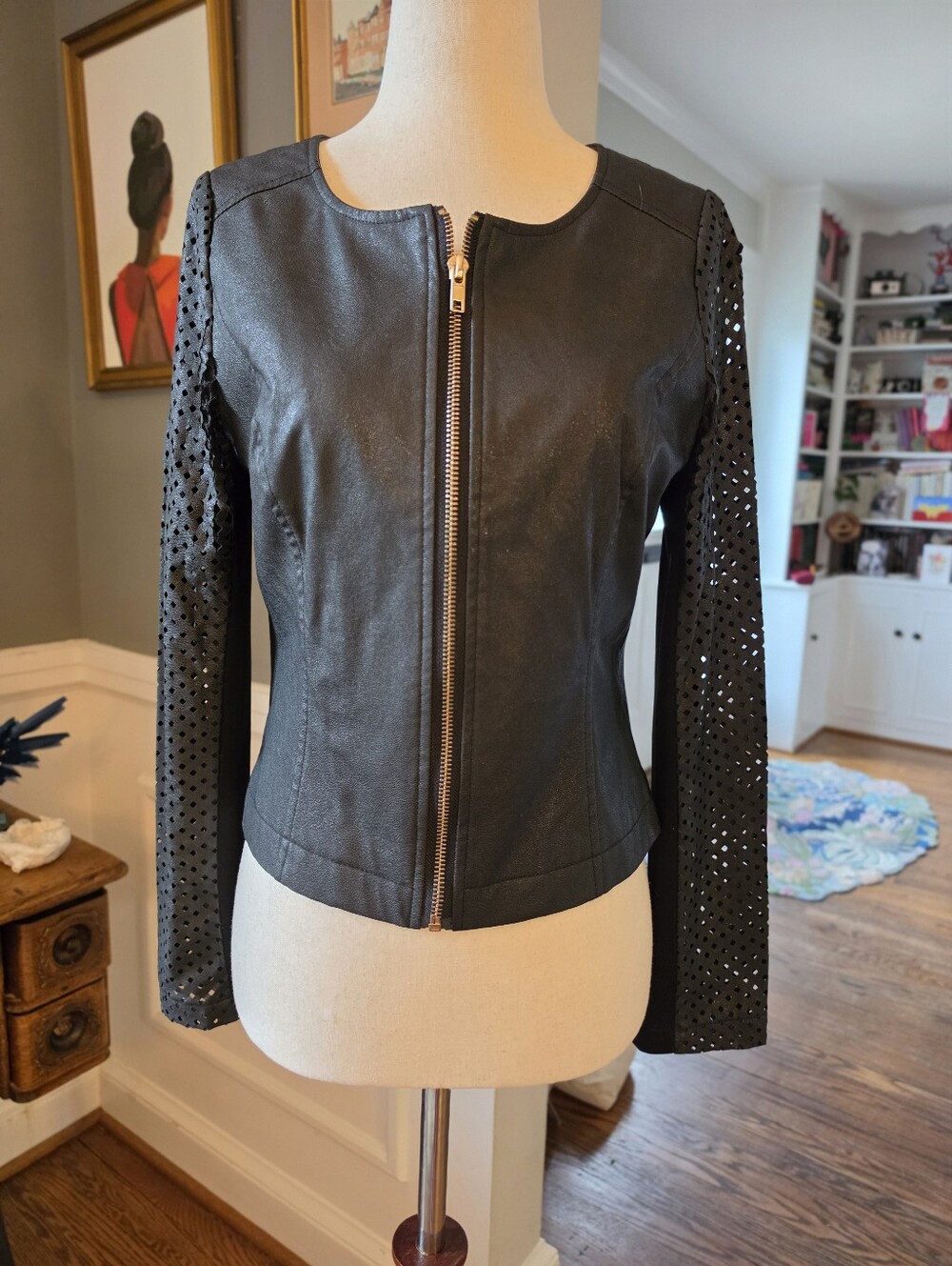 Doe & Rae Black Perforated Faux-Leather Jacket Size S